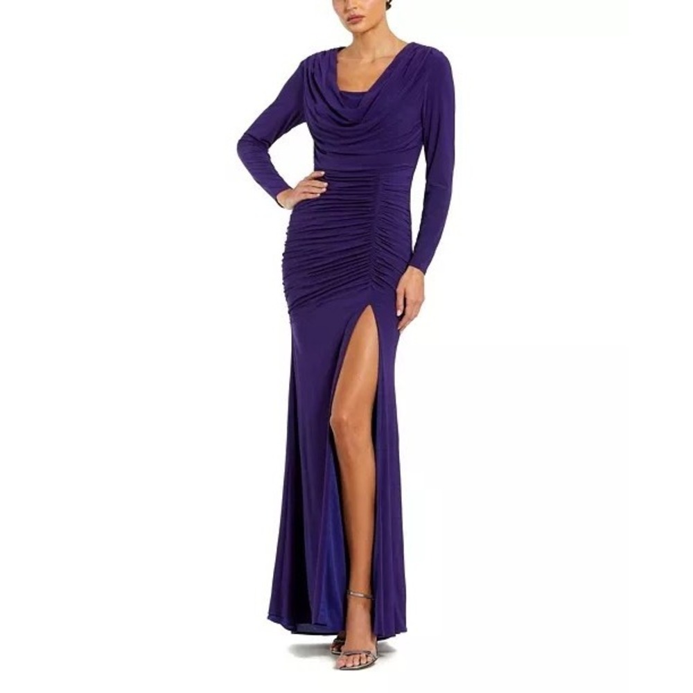 Ieena for Mac Duggal Ruched Cowl Neck‎ Long Sleeve Gown Purple/Blue 27574 Small